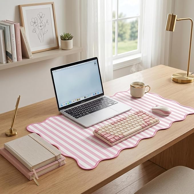 Scalloped Desk Mat Extended Large Cute Striped Mouse Pad Big Desk Pad XXL Aesthetic Stripe Mousepad Gaming Mouse Pad for Keyboard Computer Laptop Home Office Accessories 35.4X15.7Inches Pink White