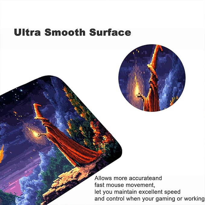 Pixel Art Desk Mat Wizard Magic Moon Mysterious Castle Large Gaming Mouse Mat with Stitched Edges,Non-Slip Waterproof Rubber Base Mous Mat 31.5"x11.8" Office Computer Keyboard Laptop Home