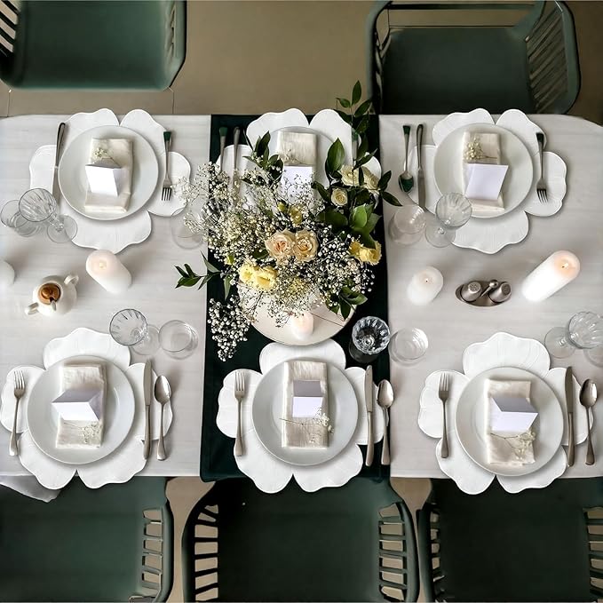Moukeren Set of 6 Elegant Floral Placemat 16'' Flower Shaped Place Mat Flower Embroidery Table Mat for Wedding Bridal Shower Baby Shower Tea Party Kitchen Dining Table Decor(White)