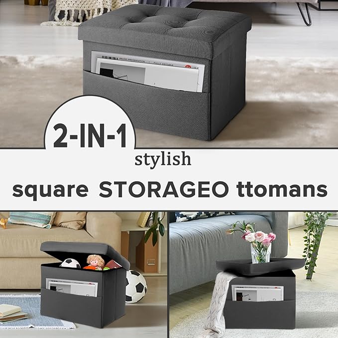 LINMAGCO Storage Ottoman Folding Foot Stool Foot Rest with Side Pocket Modern Ottoman with Storage Short Sofa Stool Linen Cloth 17x13x13(Dark Gray)