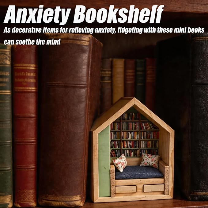 Anxiety Bookshelf with 300 Mini Books, Mini Wooden Bookshelf with Reading Nook, Desk Decor Anxiety Relief Bookshelf for Book Lovers(Green)
