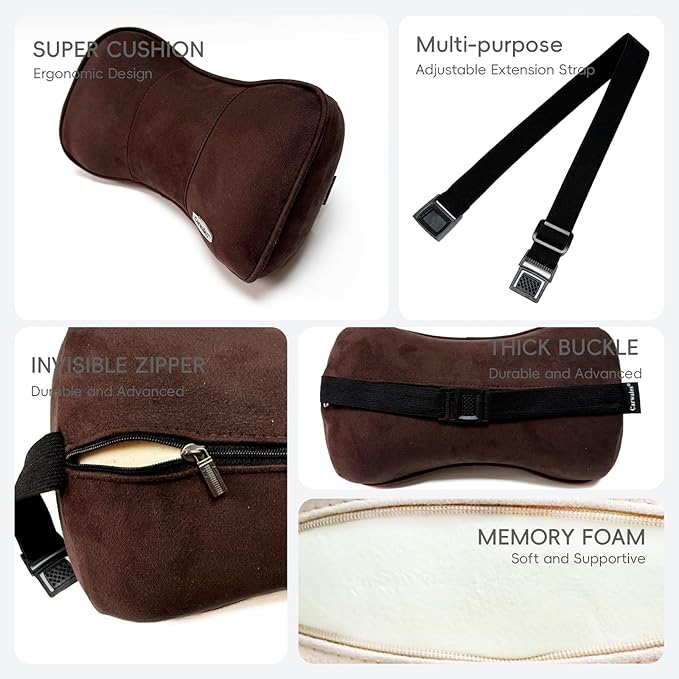 Carwales Car Neck Pillow for Travel Recliner Headrest Cushion Couch Office Chair Memory Foam Lower Back Support Lumbar Pain Relief Ergonomic Design Extension Adjustable Strap Driving Brown 1 Pack