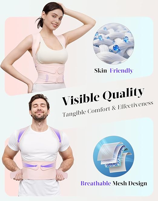 Kepwaa Posture Corrector for Women and Men, 5 Full Back Support Brace Rods, Adjustable Shoulder Straightener, Relief for Upper and Lower Back, Neck, Lumbar, Scoliosis, Hump, Pink, Small