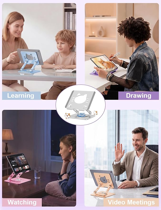 Aoviho Tablet Stand 360° Rotating Aluminum Holder, Adjustable, Portable and Foldable Monitors Stand for iPads, Compatible with 4-12.9" Tablets, Silver