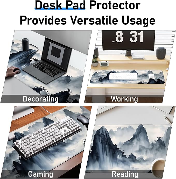 Mouse Pad, Gaming Mouse Pad, Ink Landscape Painting, Non-Slip Rubber Bottom, Stitched Edges, Suitable for Home, Office, Laptop, Keyboard Desk Pad, 31.5x11.8 Inch, Peak