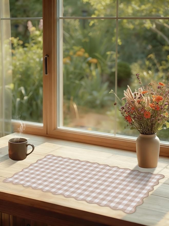 Scalloped Checkered Desk Mat Cute Light Brown Gingham XXL Large Gaming Mouse Pad Farmhouse Cottagecore Vintage Keyboard Computer Mat Pad for Desktop Aesthetic Cozy Office Desk Decor