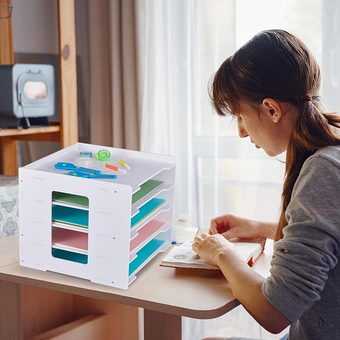 Juexica Scrapbook Paper Organizer 5 Tier File Organizer for Desk 12 x 12 Stackable Paper Trays Holder Desktop File Storage for Home Office Decorations