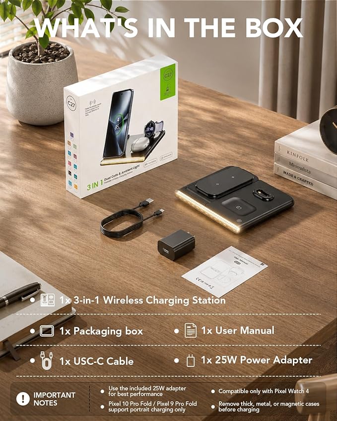 3 in 1 Foldable Charging Station for Google Pixel Watch 4, Wireless Charger for Google Pixel,Fast Wireless Charger Stand, Travel Charger for Pixel 10 Pro/Pro XL/Fold,Buds Pro 2(Only for Watch 4)