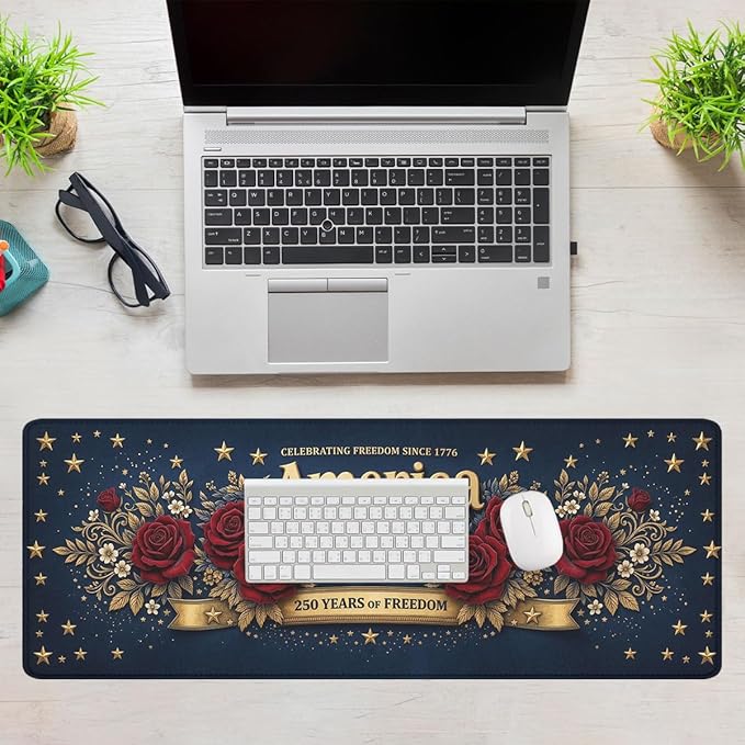 250 Years of Freedom Gaming Mouse Pad Cartoon Flowers USA Commemorative Mousepad Extended Large Laptop Keyboard Non-Slip Rubber Base with Stitched Edges for Home 31.5x11.8 Inch