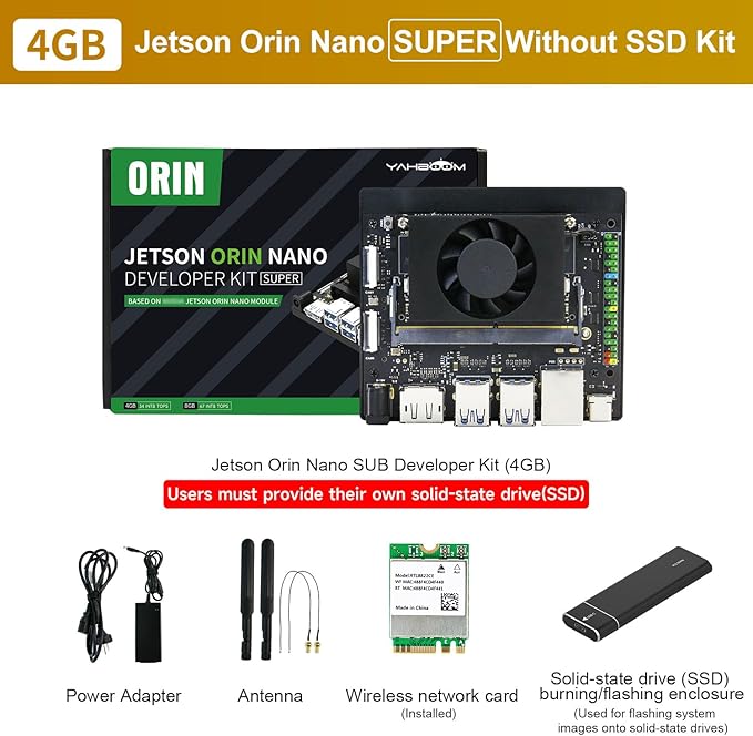 Yahboom Jetson Orin Nano Super 4GB RAM Development Board Kit, 34TOPS, with 48W Power Supply, Wireless Network Card, Enclosure