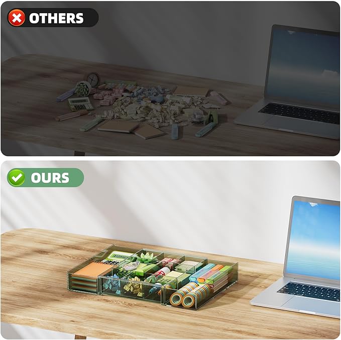 Marbrasse Expandable Desk Drawer Organizer, Clear Plastic Drawer Organizer Tray with 10 Adjustable Compartments, Desk Organizers and Accessories, 5 Drawer Dividers for Office Supplies(Clear Green)