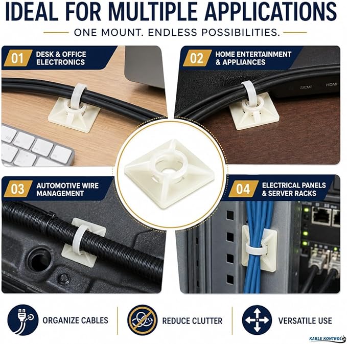 Kable Kontrol Zip Tie Mounts, 3/4” Sq, Natural White, 100 Pcs, Adhesive Backed Multi-Purpose Mounting Squares Nylon Cable Tie Wrap Anchor Pads for Cable Management