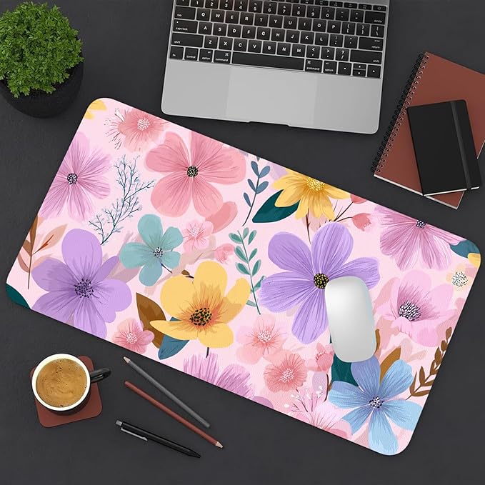 Desk Mat Large Mouse Pad, Non-Slip PU Leather Gaming Mousepad Keyboard Mouse Mats Desk Pads 23.6"x11.8" for Work Office Decor Gifts Pink Floral