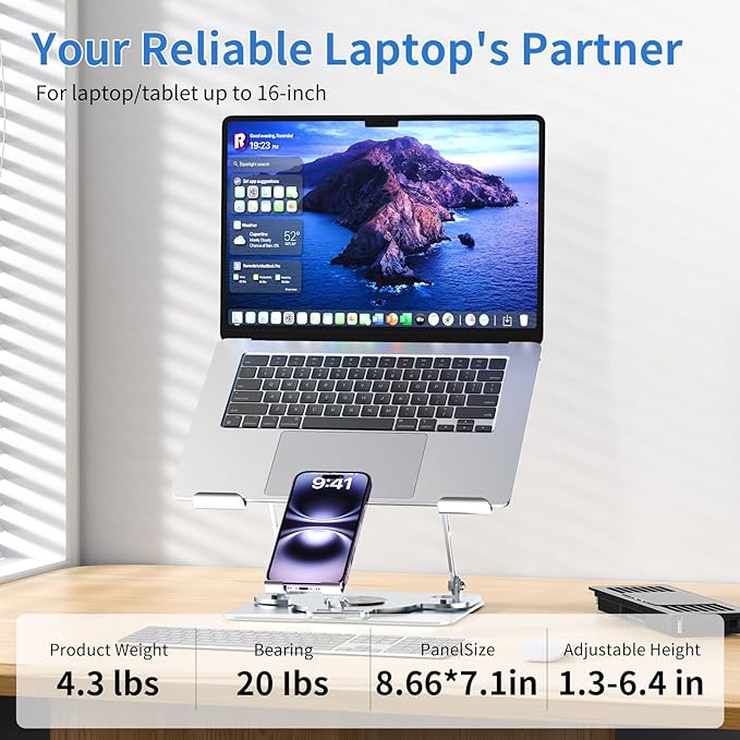 Laptop Cooling Pad with Detachable Fan & Cooler, 2-in-1 Laptop & Phone Stand, Adjustable Angle, 360° Rotatable Base, Carbon Steel, Ultra-Quiet & Super Sturdy for Laptop (Silver Gray)