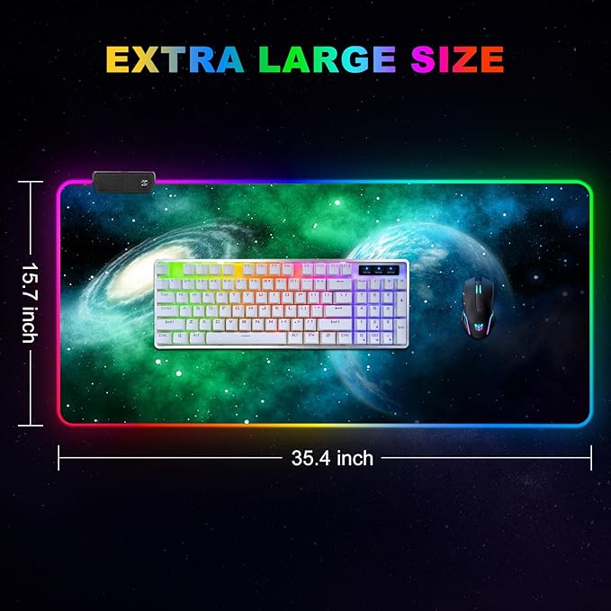 ARTSO Large RGB Gaming Mouse Pad, Led Big Mouse mat with 14 Light Modes, Extended Soft Computer Keyboard Mat Non-Slip Rubber Base, Green Planet Nebula