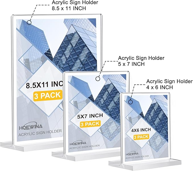 Hoewina Acrylic Sign Holder 5 x 7 Inch 3 Pack - Business & Store Sign Holders - Vertical Double-Sided Acrylic Stands