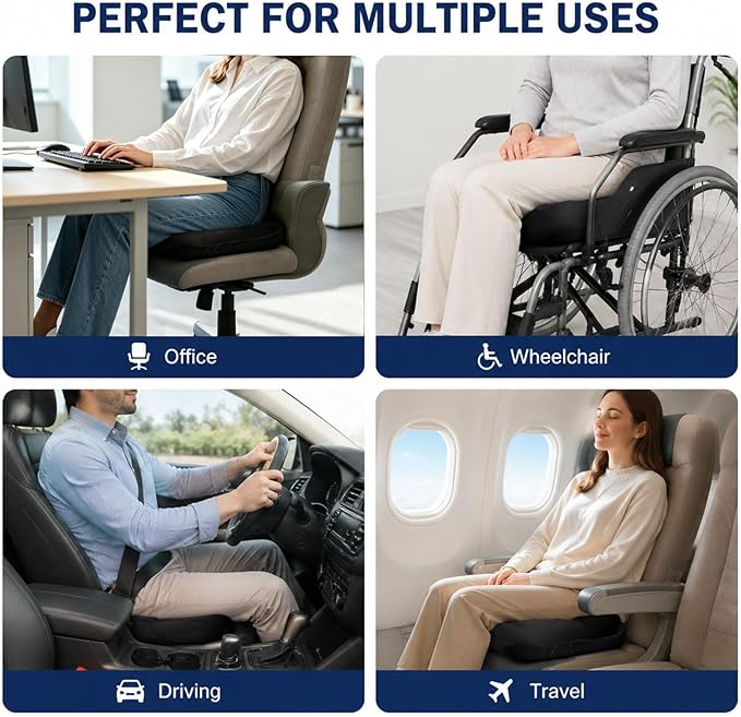 Seat Cushion for Long Sitting, Cooling Gel Memory Foam Seat Cushion - Back, Sciatica, Coccyx, Tailbone Pain Relief - for Office Chairs, Car Seat, Wheelchair Sitting Cushion (Black)