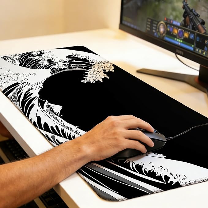 Large Gaming Mouse Pad Dark Wave Desk Mat,Non-Slip Rubber Base Stitched Edges,Extended Mousepad for PC,Laptop,Office,Home Decor(31.5 x 11.8 Inch)