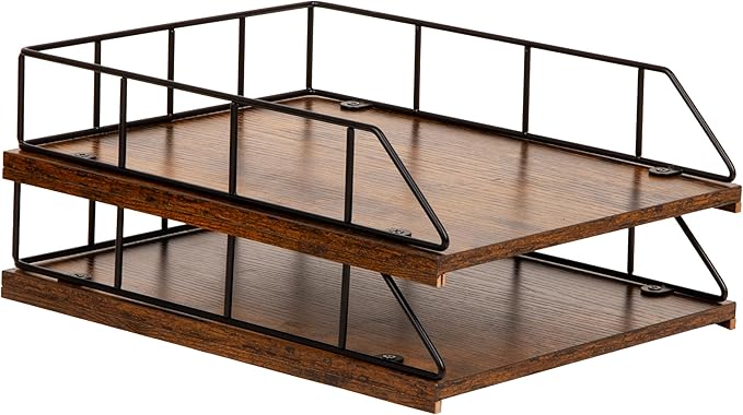 Mind Reader 2-Tier Rustic Letter Tray Organizer with Metal Frame, Wood Base for Desk or Office, Stackable, Metal and Wood, Black