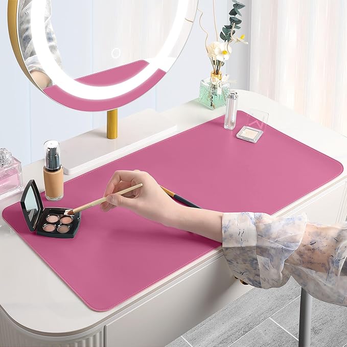 Makeup Mat for Vanity to Protect Desk Top 23.6 x 11.8 in, Dual-Sided Makeup Mat, Easy to Clean Desk Pad - Waterproof and Oilproof Vanity Accessories (Hot Pink and Khaki)