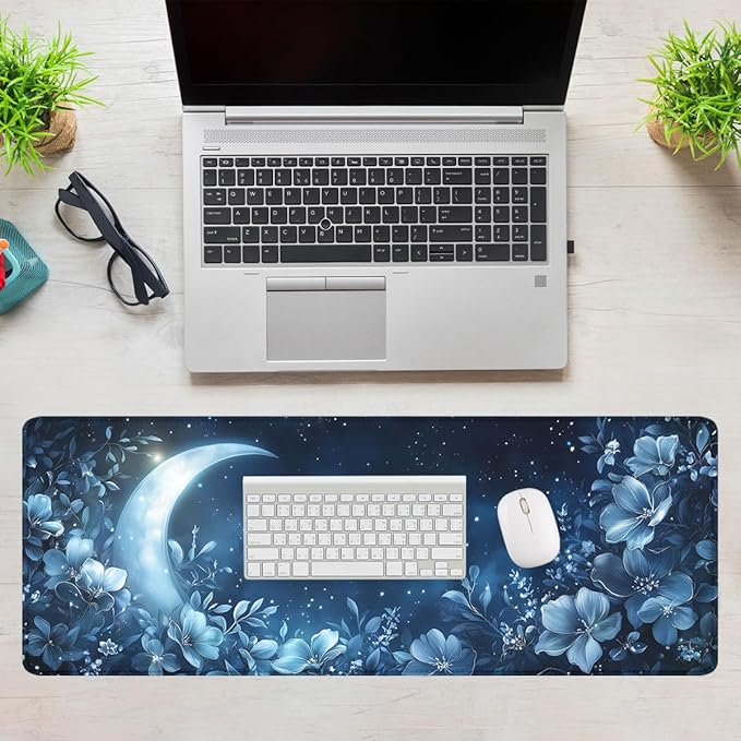 Crescent Mouse Pad Blue Silver Gem Flowers Crescent Stars Mousepad Extended Large Laptop Keyboard Non-Slip Rubber Base with Stitched Edges for Home 31.5x11.8 in