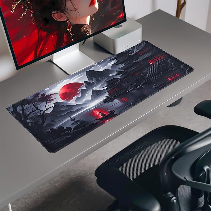 FreeNook Large Gaming Mouse Pad, Anime Black Mousepad with Stitched Edges, Expanded Cool Desk Mat, Japanese Red Moon XL Keyboard Mat Suitable for Home Office,31.5 X 15.7 Inch