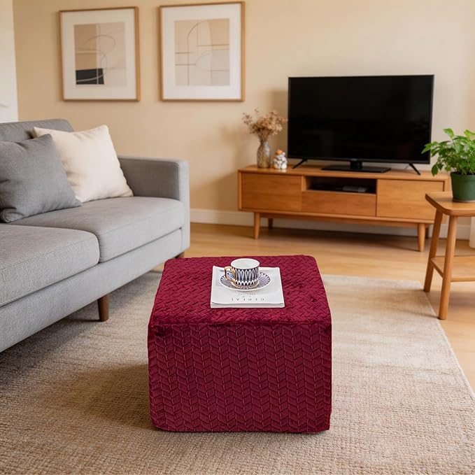 Furry Square Pouf Ottoman – 20"x14" One-Piece Seamless Integral Foam Foot Stool Ottoman Foot Rest Living Room Bedroom Under Desk (Redwine)