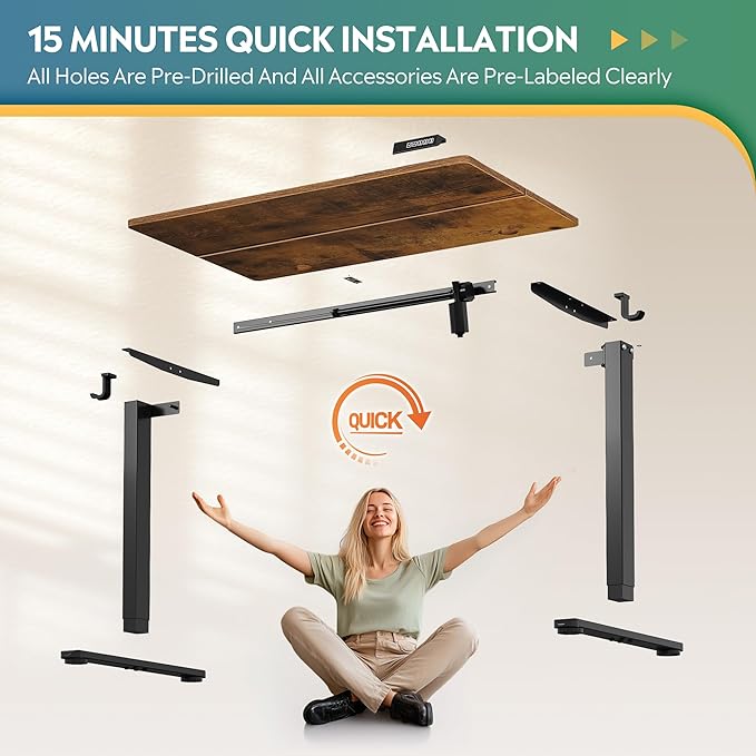 DEVAISE 40 Inch Electric Standing Desk, Adjustable Computer Desk for Home Office, Ergonomic Sit to Stand Desk with LED Touchscreen,Headphone Hook, 3 Memory Preset, with Split Top, Rustic Brown
