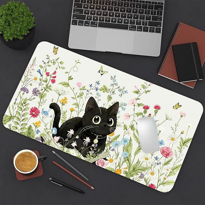 Cute Desk Mat, Floral Book Cat Large Mouse Pad for Desktop, PU Leather Waterproof Desk Pad, Anti-Slip Computer PC Laptop Protector Gaming Mouse Pads for Office Home Decorations (23.6" x 11.8")