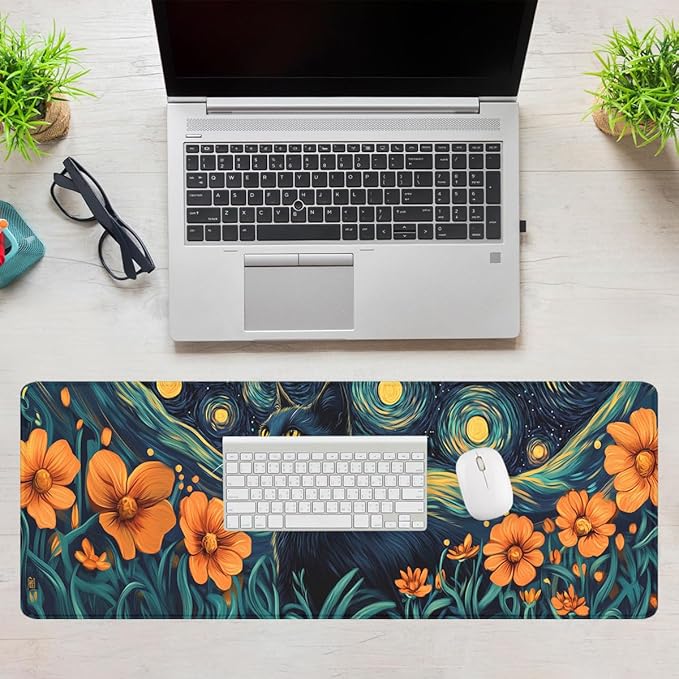 Cat Desk Pad Mouse Pad Mystic Starry Night Floral Modern Art Extended Gaming Mouse Pad Mat with Stitched Edge Non-Slip Base Big Mousepad 31.5"x11.8"