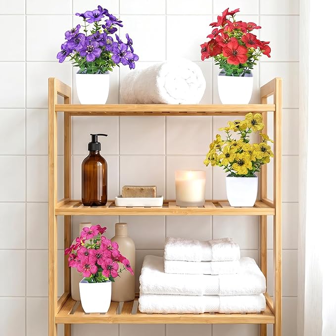 Fake Potted Flowers, Small Artificial Plants Indoor, Spring Decorations for Home, Mini Fake Flowers with Pot for Office Desk, Bathroom & Room Decor