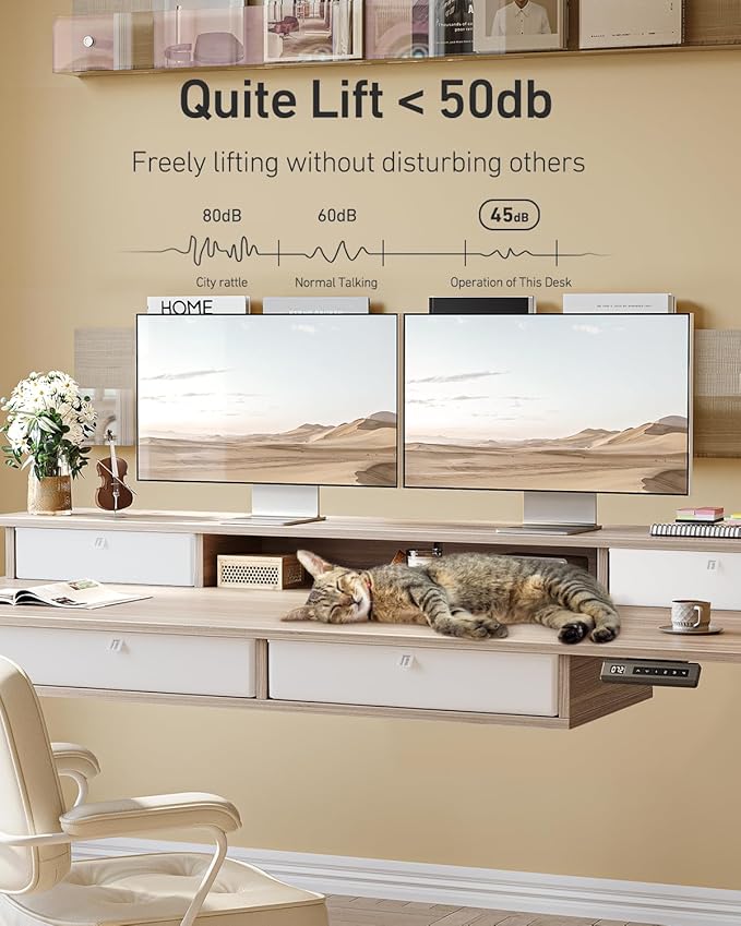 FEZIBO 55 x 30 inch Standing Desk with Drawers, Height Adjustable Electric Workstation, Computer Sit Stand Up Table with Large Storage Shelf 4 Drawers and 2 Hooks, Light Rustic Brown
