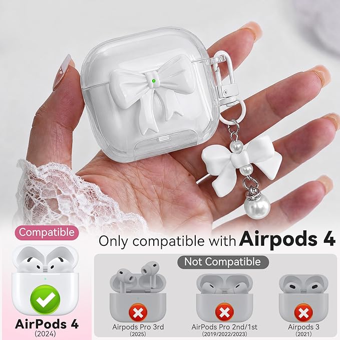 for Airpods 4 Case Pink 2024 with Safety Lock & Phone Stand, 3D Bow Clear iPod 4 Cases with Cute Keychain & Cleaning Kit, Soft TPU Cover for AirPods 4th Generation Case Girls Women (White)