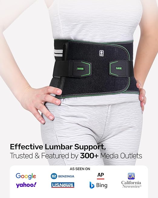 Rakiie Back Brace for Lower Back Pain Relief, 8 Stays Powerful Lumbar Support for Men Women, Back Support Belt with 3D Pad, Breathable Back Support Brace with Adjustable Strap for Herniated Disc, Sciatica, Green Size M