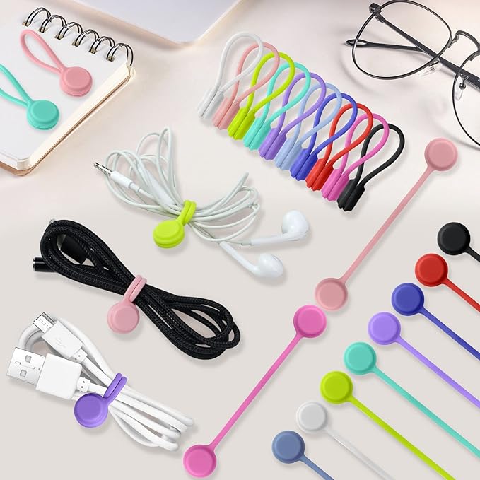 Motiloo 8 Colors-48 Pack Reusable Magnetic Cable Ties Silicone Magnetic Cable Clips Cord Organizer Management Cable Cords,Book Markers, Fridge Magnets,Multicolor
