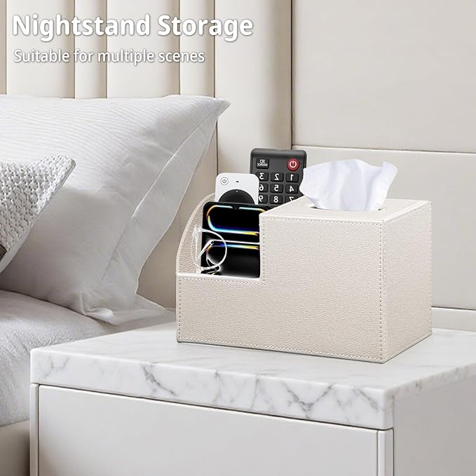 Square Tissue Box Cover with Storage, PU Leather Cube Tissue Box Holder, Remote Control Nightstand Organizer, Modern Desk Caddy for End Table, Bathroom, Bedroom, Home, Office Decor