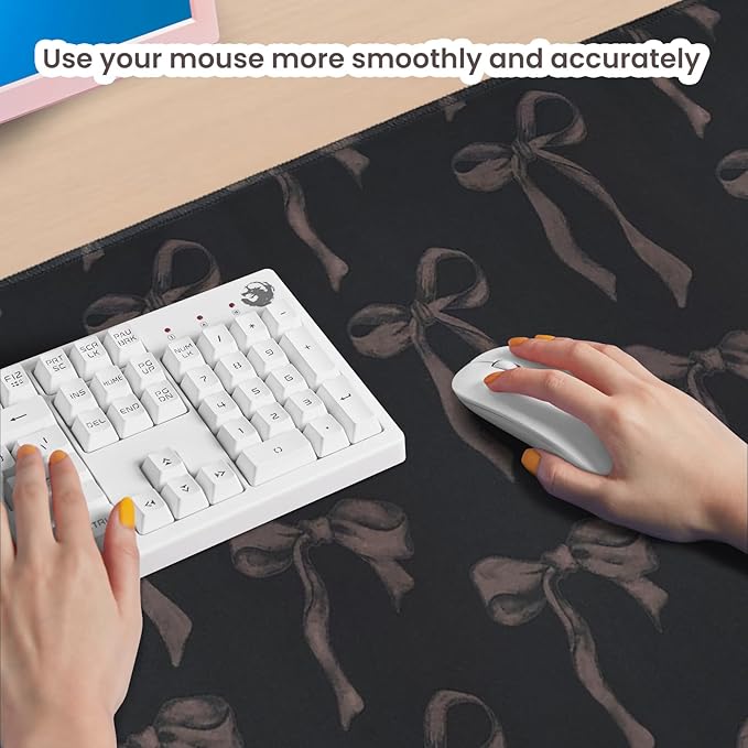 Large Desk Mat, Black Bow Mouse Pad 31.5 x 15.7, Coquette Mouse Pad Black Cute Desk Matt, Aesthetic Office Desk Accessories, Stitched Edge, Non-Slip Base Girly Gaming Mouse Pad Computer Keyboard Mat