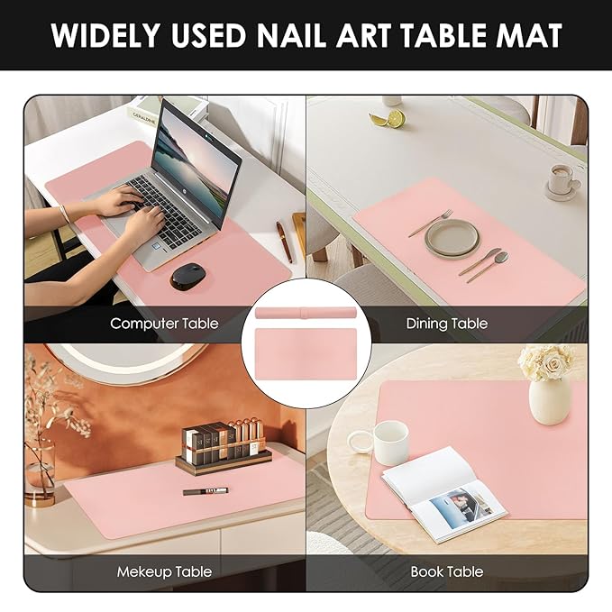 Adorila Pink Nail Art Table Mat, Large Multipurpose Waterproof Heat Resistant PU Leather Place Mat, Non-Slip Desk Pad for Desk & Office & Dinning Table (31.4" x 15.7")