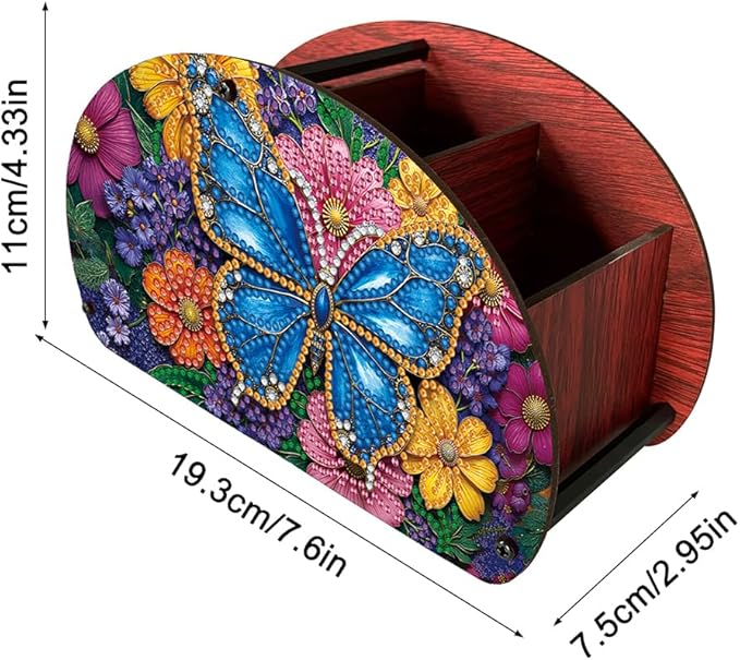 POETRYDRAW DIY Butterfly Diamond Art Painting Wooden Storage Box – Multi-Grid Moon Fan Makeup Brush Organizer, Double-Sided Drill Tabletop Holder for Women, Office & Home Decoration