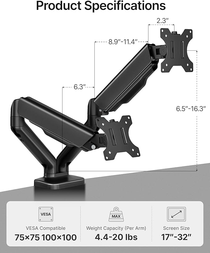 monTEK Heavy Duty Dual Monitor Arm for 17-32” Flat/Curved Screens, Premium Mechanical Spring Monitor Arm up to 19.8 lbs, Full Motion Monitor Desk Mount with Quick-Release VESA 75/100mm, Clamp/Grommet