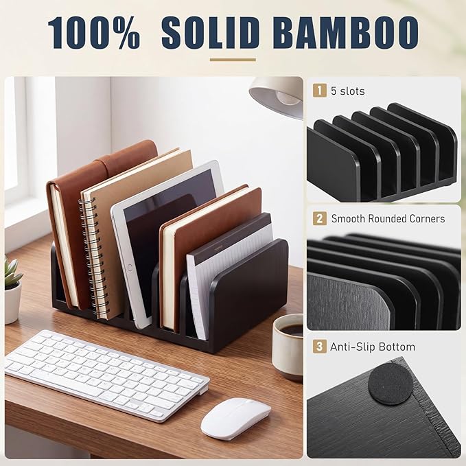 Lineshading Bamboo Letter Organizer, 5 Compartments Desk Mail Organizer, Desktop Envelope Holder and Letter Sorter, Countertop Paper File Holders with Anti Slip Mat for Home Office(Black)