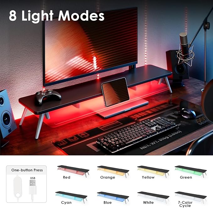 Fenge Dual Monitor Stand with 8-Mode LED Lights, 5.7" H Computer Monitor Riser with Acrylic Shelf & Aluminum Legs, Stable Desk Shelf Organizer for Computer Laptop Home Office & Gaming, Black