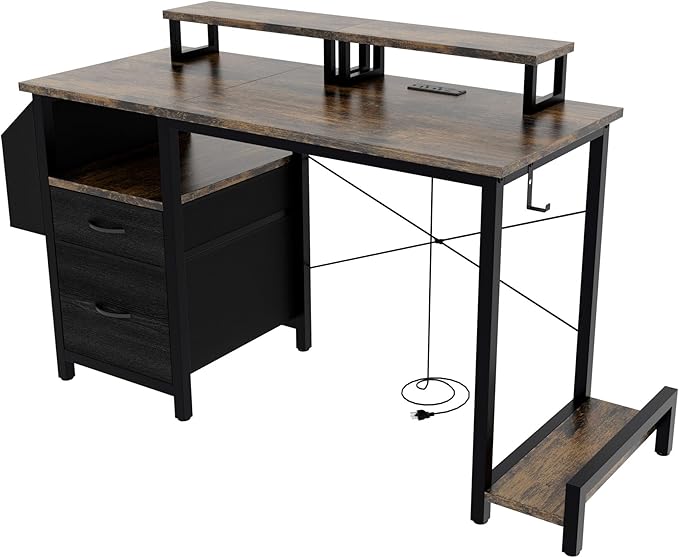 Home Office Desk with Side Pocket and Drawers, Modern Computer Desk for Small Space Bedroom, 47 Inch Gaming Desk with Power Outlet & 2 Movable Monitor Shelves (Rustic Brown)
