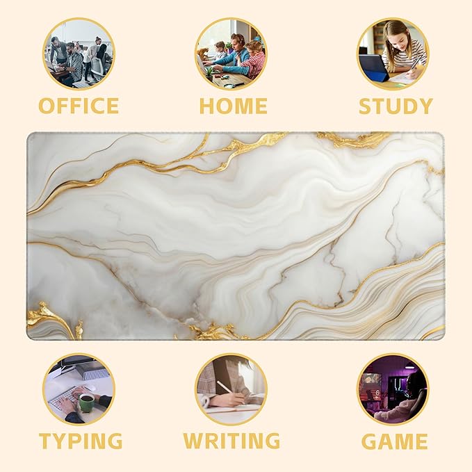 Large Mouse Pad White Gold Marble Texture Gaming Mousepad Desk Pad Mat for Keyboard and Mouse, Large Non-Slip Rubber Base Mousepad Desk Mat with Stitched Edges for Gaming Office, 31.5 x 15.8 in