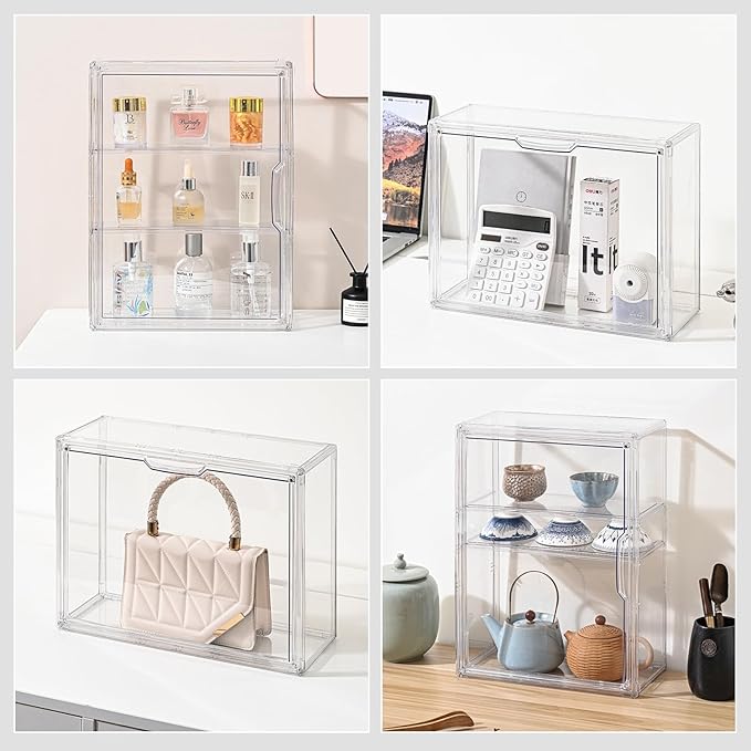 3 Tier Clear Display Case for Figures, Wall-Mounted Acrylic Storage Organizer Box, Stackable Display Cabinet with Magnetic Door & Removable Shelves, Showcase for Collectibles, Figures