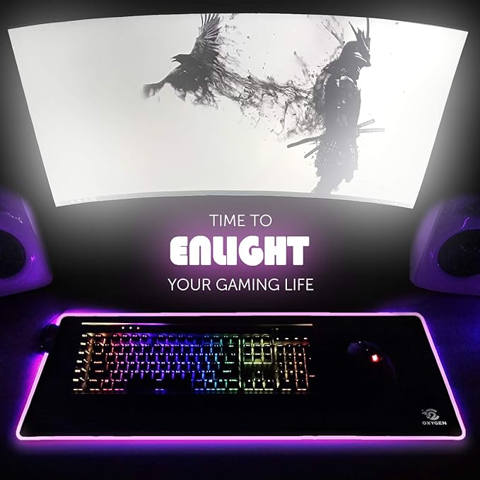 RGB Gaming Mouse Pad by Oxygen, Ultra Bright LED Light&Soft Large Extended Mousepad with 14 Lighting Modes, Water Resistance, Non-Slip Rubber Base Keyboard Mat, 31.5 X12 inch X 4mm, Black