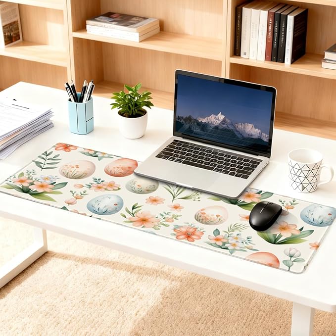 Large Mouse Pad Non-Slip Rubber Easter Egg Flower Long Gaming Desk Mat Big Computer Keyboard Mousepad Waterproof Protector Wristing Pad for Gaming Office Home Decorative 31.5 X 11.8 Inch