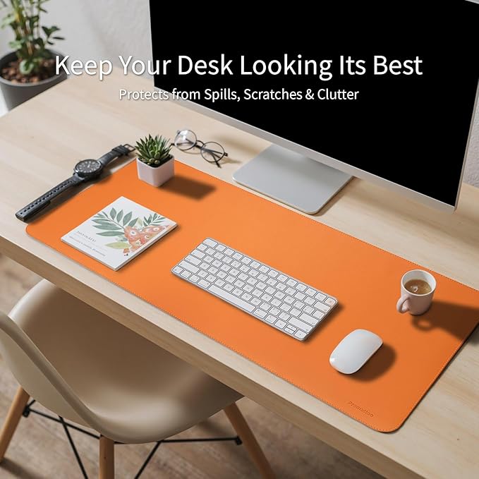 Large Desk Pad Non-Slip Desk Mat Protector for Keyboard Mouse Waterproof Vegan Leather Surface Faux Leather Laptop Mat Smooth Mouse Pad Premium Gift Tube Sunset Orange 35" x 17"
