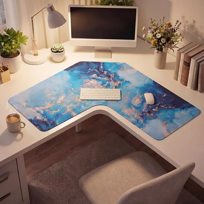 Relaxweex L Shaped Desk Mat for 90° Corner Desks, 26" x 26" Blue Waterproof Mouse Pad with 18" Inner Corner, Non-Slip Rubber Desk Protector for Office & Gaming