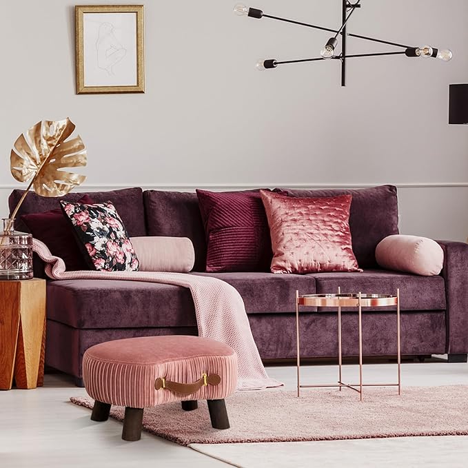 LUE BONA Small Curved Foot Stool with Handle, Pink Velvet Footstool and Ottomans, Modern Foot Rest with Wooden Legs, Step Stool with Padded Seat for Couch, Living Room